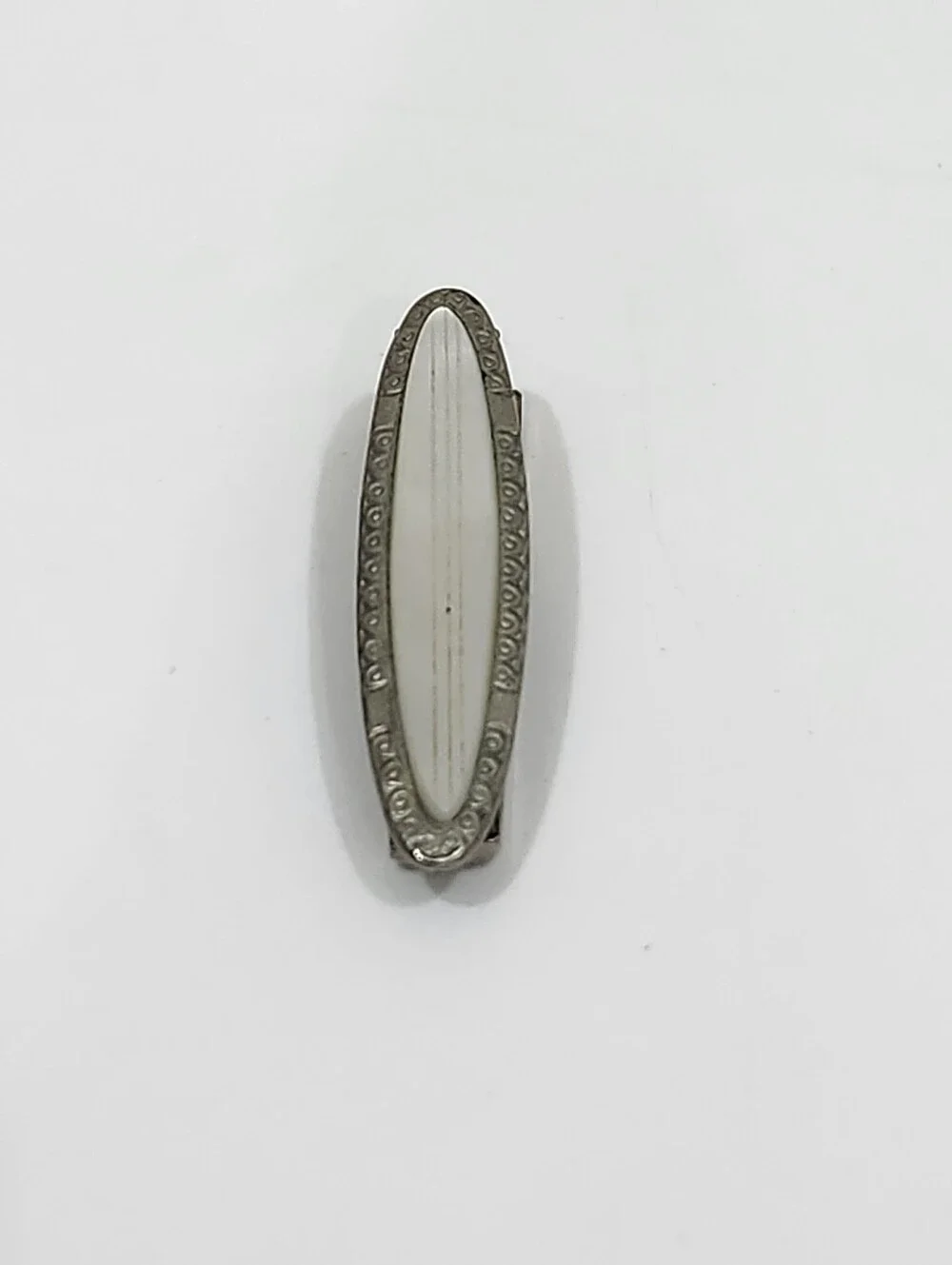 Vintage Tie Clip White Mother Of Pearl Inlay Art Deco Silver Tone Frame